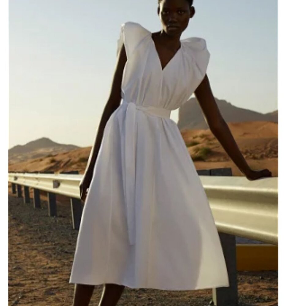 COS Draped White Cotton Midi Dress